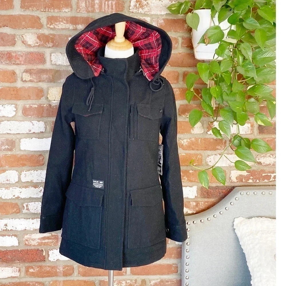 Hurley X Alpha IND Collaboration Black Wool Pea Coat NWT Size small RARE